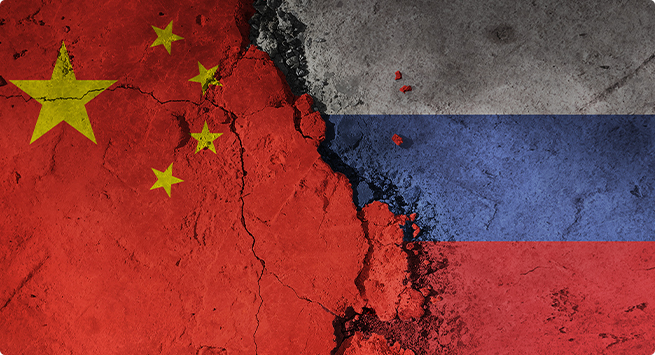 러중문화 및 역사 비주얼 이미지 - 왼쪽 중국국기 오른쪽 러시아 국기